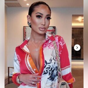 Fashion Nova Night After Work Floral Satin Button Down Blouse | Red/Combo